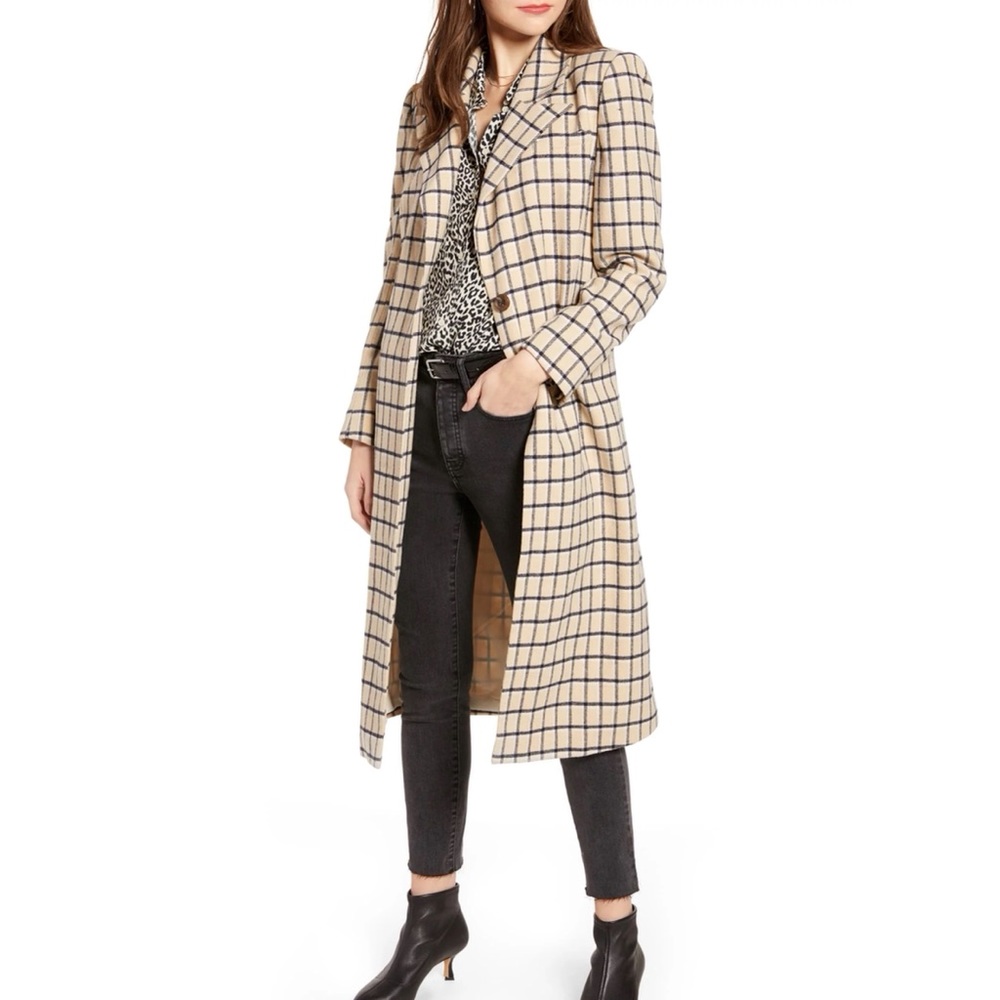 Something Navy longline camel plaid wool coat